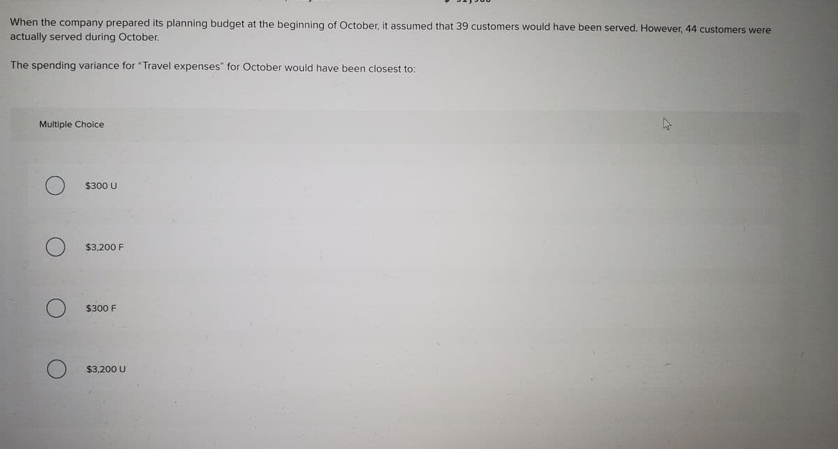 When the company prepared its planning budget at the beginning of October, it assumed that 39 customers would have been served. However, 44 customers were
actually served during October.
The spending variance for "Travel expenses" for October would have been closest to:
Multiple Choice
$300 U
$3,200 F
$300 F
$3,200 U
