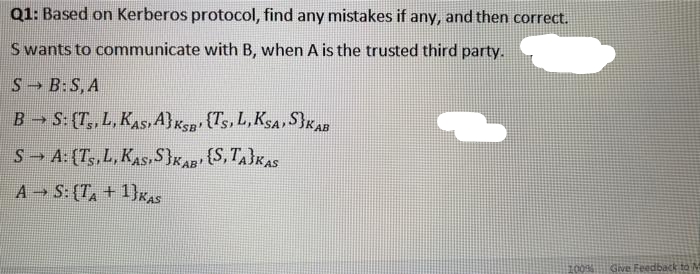 Q1: Based on Kerberos protocol, find any mistakes if any, and then correct.
S wants to communicate with B, when A is the trusted third party.
S B:S, A
B → S: (T, L, KAS, A}Ksp (Ts, L,KSa, S}«AR
S A: (Ts,L, KAS, S}KAR (S, TA3KAS
A S: (TA + 1}xAS
100%
Give Feedback to M
