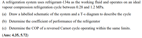 A refrigeration system uses refrigerant-134a as the working fluid and operates on an ideal
vapour compression refrigeration cycle between 0.28 and 1.2 MPa.
(a) Draw a labelled schematic of the system and a T-s diagram to describe the cycle
(b) Determine the coefficient of performance of the refrigerator
(c) Determine the COP of a reversed Carnot cycle operating within the same limits.
(Ans: 4.35, 5.72)