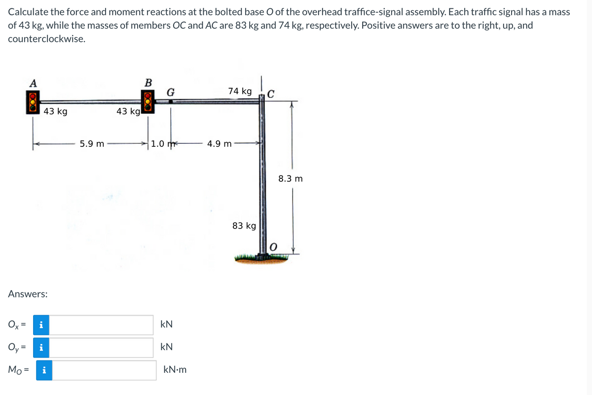 Calculate the force and moment reactions at the bolted base O of the overhead traffice-signal assembly. Each traffic signal has a mass
of 43 kg, while the masses of members OC and AC are 83 kg and 74 kg, respectively. Positive answers are to the right, up, and
counterclockwise.
A
Answers:
Ox
Oy
Mo=
=
M.
43 kg
M.
5.9 m
43 kg
B
G
1.0 m
kN
KN
kN•m
74 kg
4.9 m
83 kg
C
0
8.3 m