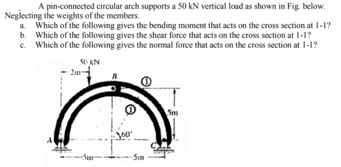 A pin-connected circular arch supports a 50 kN vertical load as shown in Fig. below.
Neglecting the weights of the members.
a. Which of the following gives the bending moment that acts on the cross section at 1-1?
b. Which of the following gives the shear force that acts on the cross section at 1-1?
c. Which of the following gives the normal force that acts on the cross section at 1-1?
50 kN
Sm
C
-Su-
Sın
