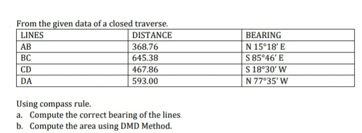 From the given data of a closed traverse.
LINES
DISTANCE
BEARING
N 15°18' E
S 85°46' E
S 18°30' W
АВ
368.76
645.38
467.86
ВС
CD
DA
593.00
N 77°35' W
Using compass rule.
a. Compute the correct bearing of the lines.
b. Compute the area using DMD Method.
