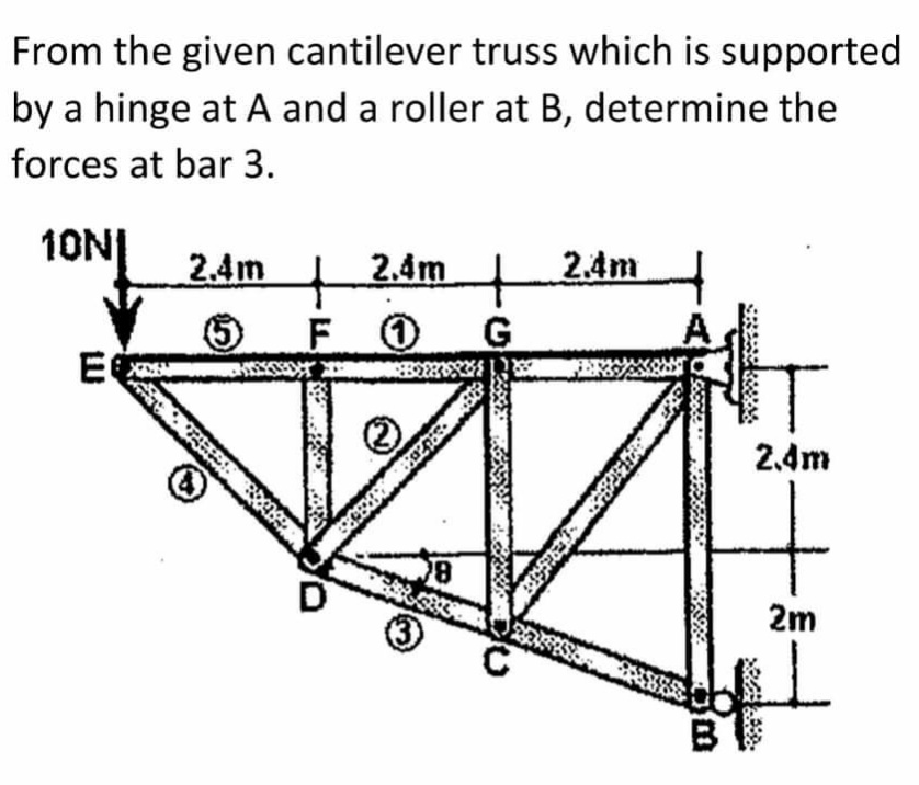 From the given cantilever truss which is supported
by a hinge at A and a roller at B, determine the
forces at bar 3.
10N|
2.4m
2.4m
2.4m
F O
A
2.4m
2m
