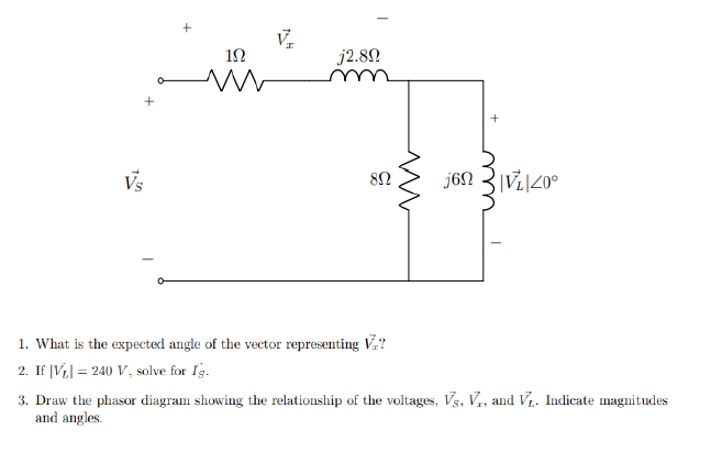 192
ww
V₂
j2.80
m
+
ши
j6n|V₂|20⁰
Vs
8N
1. What is the expected angle of the vector representing V?
2. If |V₂| = 240 V, solve for Ig.
3. Draw the phasor diagram showing the relationship of the voltages, Vs, V., and V₁. Indicate magnitudes
and angles.