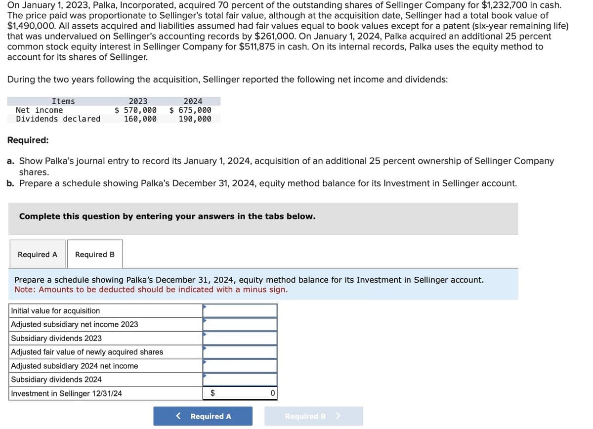 On January 1, 2023, Palka, Incorporated, acquired 70 percent of the outstanding shares of Sellinger Company for $1,232,700 in cash.
The price paid was proportionate to Sellinger's total fair value, although at the acquisition date, Sellinger had a total book value of
$1,490,000. All assets acquired and liabilities assumed had fair values equal to book values except for a patent (six-year remaining life)
that was undervalued on Sellinger's accounting records by $261,000. On January 1, 2024, Palka acquired an additional 25 percent
common stock equity interest in Sellinger Company for $511,875 in cash. On its internal records, Palka uses the equity method to
account for its shares of Sellinger.
During the two years following the acquisition, Sellinger reported the following net income and dividends:
Items
Net income
Dividends declared
2023
$570,000
160,000
Required:
a. Show Palka's journal entry to record its January 1, 2024, acquisition of an additional 25 percent ownership of Sellinger Company
shares.
b. Prepare a schedule showing Palka's December 31, 2024, equity method balance for its Investment in Sellinger account.
Required A Required B
2024
$ 675,000
190,000
Complete this question by entering your answers in the tabs below.
Prepare a schedule showing Palka's December 31, 2024, equity method balance for its Investment in Sellinger account.
Note: Amounts to be deducted should be indicated with a minus sign.
Initial value for acquisition
Adjusted subsidiary net income 2023
Subsidiary dividends 2023
Adjusted fair value of newly acquired shares
Adjusted subsidiary 2024 net income
Subsidiary dividends 2024
Investment in Sellinger 12/31/24
$
< Required A
0
Required B