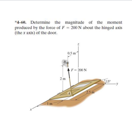 *4-60. Determine the magnitude of the moment
produced by the force of F = 200 N about the hinged axis
(the x axis) of the door.
0.5 m
B.
F = 200 N
2 m
15
2.5 m
1 m
