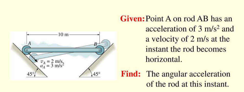 Given: Point A on rod AB has an
acceleration of 3 m/s? and
-10 m-
a velocity of 2 m/s at the
B
instant the rod becomes
horizontal.
V4 = 2 m/s,
a = 3 m/s²
45°
45°
Find: The angular acceleration
of the rod at this instant.
