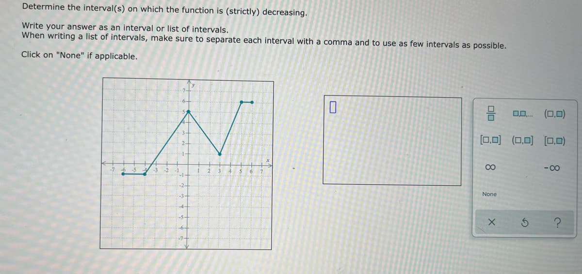 Determine the interval(s) on which the function is (strictly) decreasing.
Write your answer as an interval or list of intervals.
When writing a list of intervals, make sure to separate each interval with a comma and to use as few intervals as possible.
Click on "None" if applicable.
(0,0)
[0,0) (0,0) [0,0)
00
- 00
None
olo
