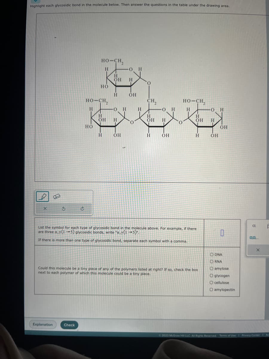 Highlight each glycosidic bond in the molecule below. Then answer the questions in the table under the drawing area.
X
5
Explanation
Ć
Check
HO–CH,
HO.
-O H
H
OH H
I
HO-CH,
H
HO
HO
CH₂
H
-0 H
kaa
H
OH H
0
H
H
H
H
-O H
OH H
OH
OH
O
OH
HO-CH,
o
H
H
List the symbol for each type of glycosidic bond in the molecule above. For example, if there
are three a,y (15) glycosidic bonds, write "a,y(1-5)".
If there is more than one type of glycosidic bond, separate each symbol with a comma.
OH H
H
Could this molecule be a tiny piece of any of the polymers listed at right? If so, check the box
next to each polymer of which this molecule could be a tiny piece.
-Ο Η
OH
OH
0
ODNA
ORNA
O amylose
O glycogen
O cellulose
O amylopectin
a
0.0....
X
E
Ⓒ2023 McGraw Hill LLC. All Rights Reserved. Terms of Use | Privacy Center | Act