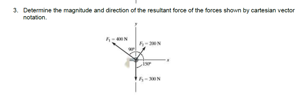 3. Determine the magnitude and direction of the resultant force of the forces shown by cartesian vector
notation.
F = 400 N
F = 200 N
90
150°
F= 300 N

