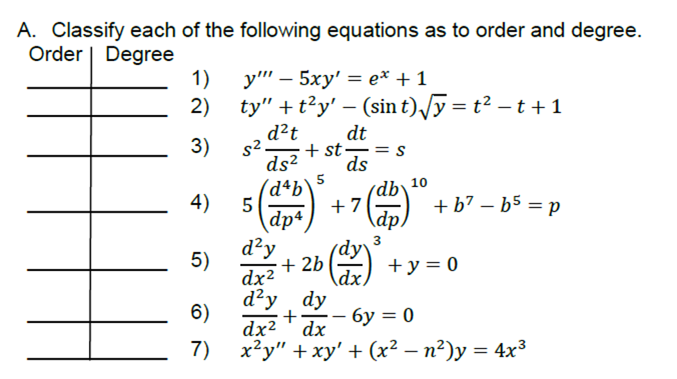 A. Classify each of the following equations as to order and degree.
Order | Degree
1)
у" - 5ху'
e* + 1
2)
ty" +t?y' – (sin t)/y = t² – t + 1
d?t
dt
+ st
ds
5
3)
s2.
= S
ds?
(d+b
+ 7
dp*,
4)
(db\10
5
+ b' – b5 = p
\dp/
d²y
3
5)
(dy
+ 2b
dx2
+y = 0
\dx)
d²y dy
+
dx?
6)
бу
= 0
dx
7)
x²y" + xy' + (x? – n²)y = 4x³
