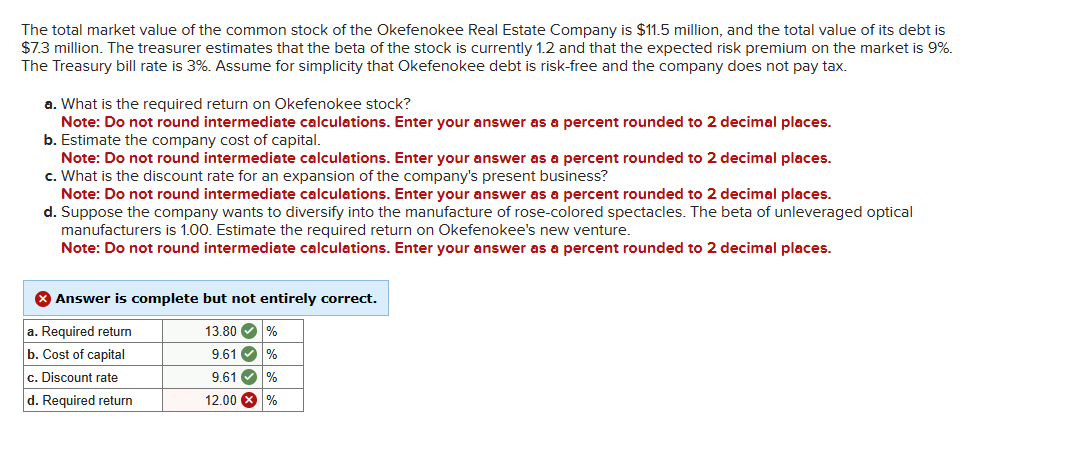 The total market value of the common stock of the Okefenokee Real Estate Company is $11.5 million, and the total value of its debt is
$7.3 million. The treasurer estimates that the beta of the stock is currently 1.2 and that the expected risk premium on the market is 9%.
The Treasury bill rate is 3%. Assume for simplicity that Okefenokee debt is risk-free and the company does not pay tax.
a. What is the required return on Okefenokee stock?
Note: Do not round intermediate calculations. Enter your answer as a percent rounded to 2 decimal places.
b. Estimate the company cost of capital.
Note: Do not round intermediate calculations. Enter your answer as a percent rounded to 2 decimal places.
c. What is the discount rate for an expansion of the company's present business?
Note: Do not round intermediate calculations. Enter your answer as a percent rounded to 2 decimal places.
d. Suppose the company wants to diversify into the manufacture of rose-colored spectacles. The beta of unleveraged optical
manufacturers is 1.00. Estimate the required return on Okefenokee's new venture.
Note: Do not round intermediate calculations. Enter your answer as a percent rounded to 2 decimal places.
Answer is complete but not entirely correct.
a. Required return
13.80 %
b. Cost of capital
9.61 %
c. Discount rate
9.61✔ %
d. Required return
12.00 %