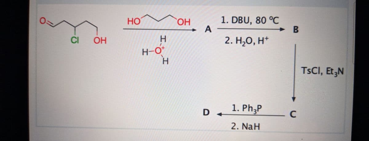 HO
HO.
1. DBU, 80 °C
CI
OH
H.
2. Н,О, H*
H-O*
H.
TSCI, Et,N
1. Ph;P
C
2. NaH
It
