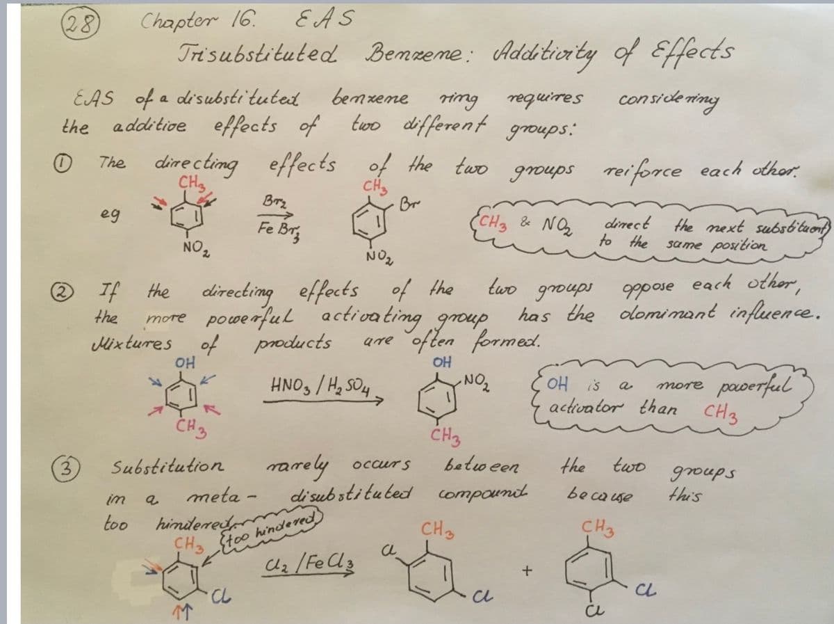 (28)
eg
EAS of a disubstituted benxene
the additive effects of
The directing effects
CH3
2 If
Chapter 16.
Trisubstituted Benzeme: Additivity of Effects
considering
the
Mixtures
im
too
NO.
EAS
OH
CH 3
Substitution
a
of
NO₂
the
directing effects of the
more powerful activating group
products
Brz
Fe BT₂
CL
ring
requires
two different groups:
rarely
meta -
hindered
CH₂ too hindered)
of the two groups reiforce each other.
CH₂
Br
HNO3/H₂SO4
occurs
disubstituted
C₂/FeCl3
are often formed.
OH
CH₂ & NO₂
CH3
CH3
two groups
-NO₂
between
compounit
each other,
oppose
has the olominant influence.
c
+
direct
to the
the
OH is
activator than CH3
a
two
the next substituent)
same position
because
CH3
more
CL
powerful
groups
this