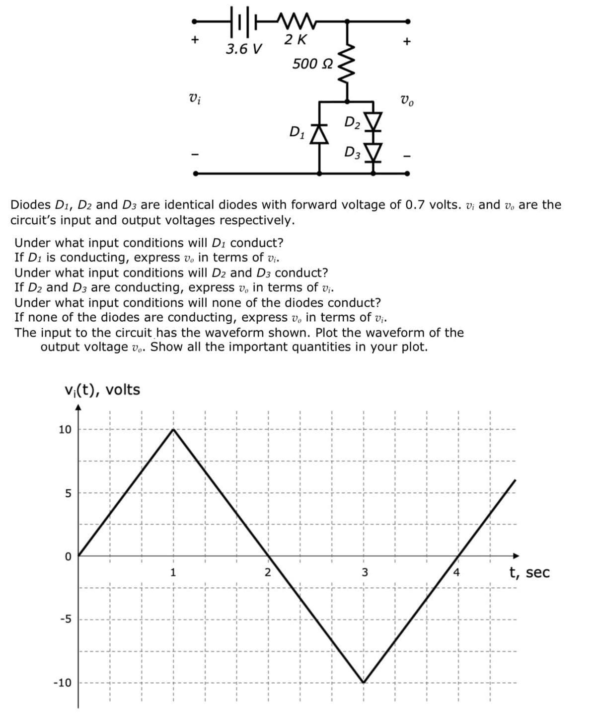 vi(t), volts
10
Under what input conditions will D1 conduct?
If D1 is conducting, express vo in terms of v₁.
Under what input conditions will D2 and D3 conduct?
If D₂ and D3 are conducting, express v, in terms of v₁.
5
+
●
Vi
Diodes D1, D2 and D3 are identical diodes with forward voltage of 0.7 volts. vi and v, are the
circuit's input and output voltages respectively.
-5
Hilm
2 K
3.6 V
-10
500 Ω
Under what input conditions will none of the diodes conduct?
If none of the diodes are conducting, express v, in terms of v₁.
The input to the circuit has the waveform shown. Plot the waveform of the
output voltage vo. Show all the important quantities in your plot.
1
D₁
V
2
3
4
t, sec
D₂
D3
+
Vo