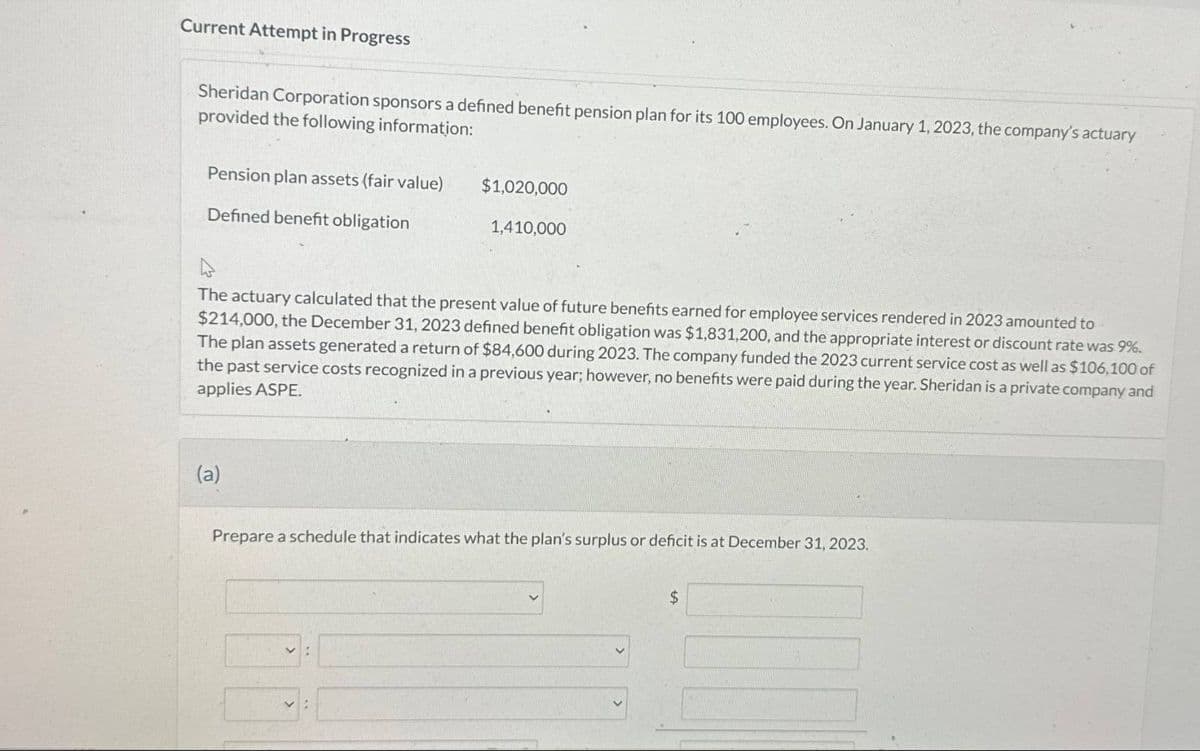 Current Attempt in Progress
Sheridan Corporation sponsors a defined benefit pension plan for its 100 employees. On January 1, 2023, the company's actuary
provided the following information:
Pension plan assets (fair value)
Defined benefit obligation
$1,020,000
1,410,000
The actuary calculated that the present value of future benefits earned for employee services rendered in 2023 amounted to
$214,000, the December 31, 2023 defined benefit obligation was $1,831,200, and the appropriate interest or discount rate was 9%.
The plan assets generated a return of $84,600 during 2023. The company funded the 2023 current service cost as well as $106,100 of
the past service costs recognized in a previous year; however, no benefits were paid during the year. Sheridan is a private company and
applies ASPE.
(a)
Prepare a schedule that indicates what the plan's surplus or deficit is at December 31, 2023.
$