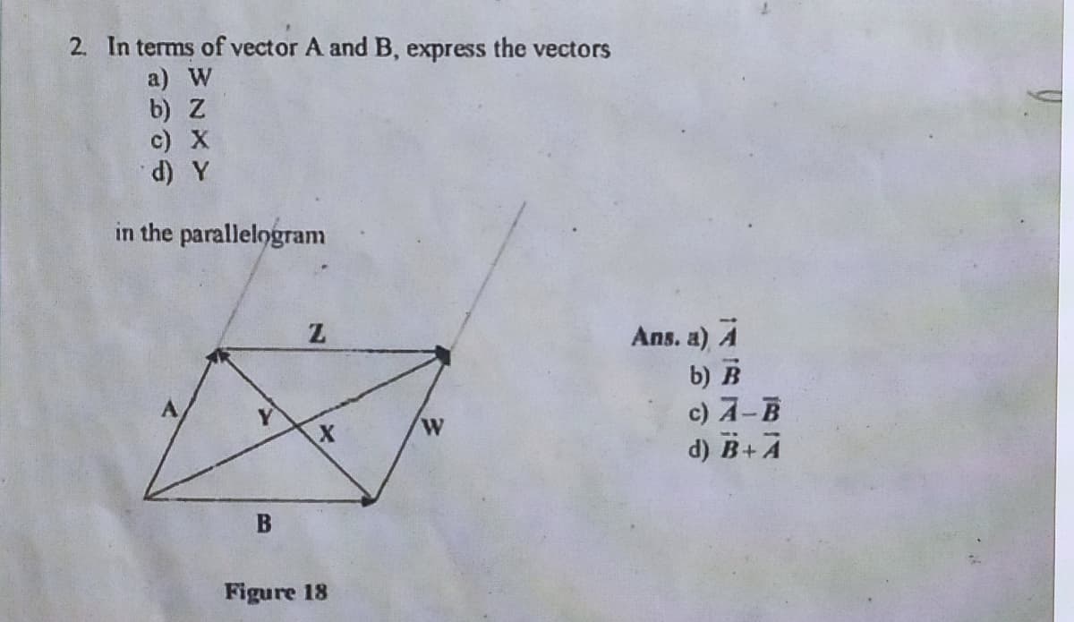 2. In terms of vector A and B, express the vectors
a) W
b) Z
c) X
d) Y
in the parallelogram
Ans. a) A
b) в
c) A-B
d) B+A
W.
Figure 18
