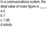 In a communications system, the
ideal value of noise figure is _
a.0
b.1
c.1 dB
d.infinity
