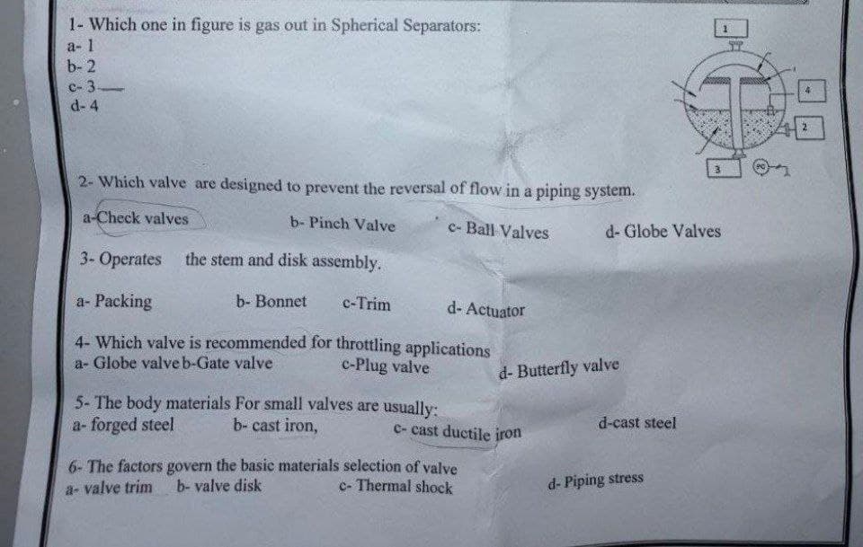 1- Which one in figure is gas out in Spherical Separators:
a- 1
b- 2
c-3.
d-4
2- Which valve are designed to prevent the reversal of flow in a piping system.
a-Check valves
b- Pinch Valve
c-Ball Valves
3- Operates the stem and disk assembly.
a- Packing
b- Bonnet c-Trim
d- Actuator
4- Which valve is recommended for throttling applications
a- Globe valveb-Gate valve
c-Plug valve
5- The body materials For small valves are usually:
a-forged steel
b- cast iron,
c-cast ductile iron
6- The factors govern the basic materials selection of valve
a-valve trim b-valve disk
c- Thermal shock
d- Globe Valves
d- Butterfly valve
d-cast steel
d- Piping stress