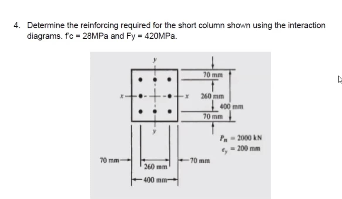 4. Determine the reinforcing required for the short column shown using the interaction
diagrams. f'c = 28MPa and Fy = 420MPa.
70 mm-
260 mm
400 mm-
70 mm
260 mm
400 mm
70 mm
70 mm
Pn = 2000 kN
€, = 200 mm
D