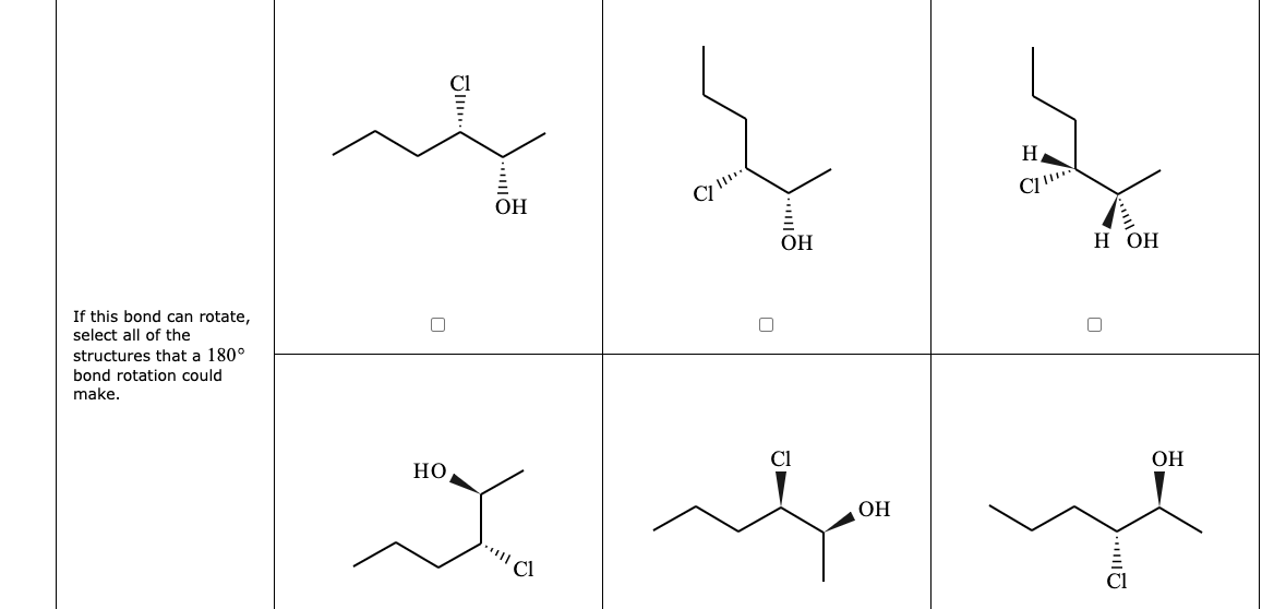 If this bond can rotate,
select all of the
structures that a 180°
bond rotation could
make.
OH
НО
м
"!!! а
C
[]
ОН
Cl
OH
н
CLI
H OH
П
OH