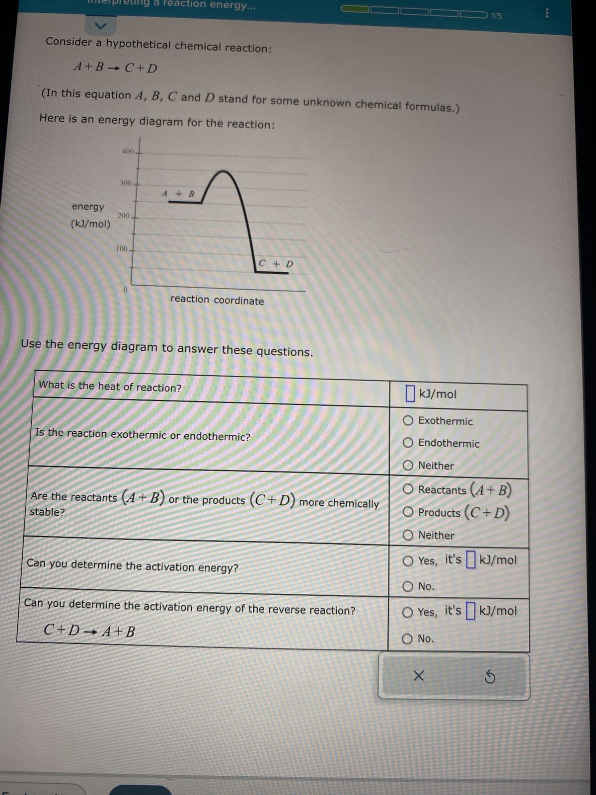 Consider a hypothetical chemical reaction:
A+B➡ C+D
(In this equation A, B, C and D stand for some unknown chemical formulas.)
Here is an energy diagram for the reaction:
energy
(kJ/mol)
ting a reaction energy...
400.
300-
200.
100.
0
A + B
reaction coordinate
Use the energy diagram to answer these questions.
What is the heat of reaction?
C + D
Is the reaction exothermic or endothermic?
Are the reactants (A + B) or the products (C+D) more chemically
stable?
Can you determine the activation energy?
Can you determine the activation energy of the reverse reaction?
C+DA+B
kJ/mol
O Exothermic
O Endothermic
O Neither
1/5
Reactants (A + B)
O Products (C+D)
O Neither
O Yes, it's kJ/mol
O No.
O Yes, it's kJ/mol
O
No.
X
G
04