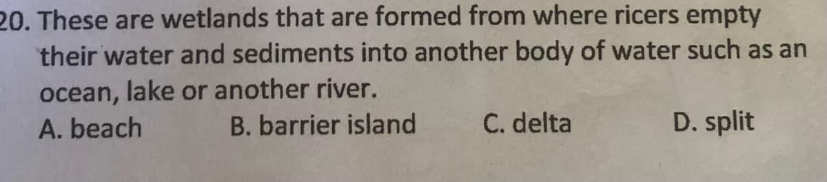 20. These are wetlands that are formed from where ricers empty
their water and sediments into another body of water such as an
ocean, lake or another river.
B. barrier island
A. beach
C. delta
D. split
