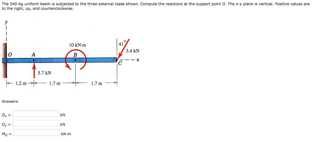 The 540-kg uniform beam is subjected to the three external loads shown. Compute the reactions at the support point O. The x-y plane is vertical. Positive values are
to the right, up, and counterclockwise.
y
T
1
1
0
1.2 m
Answers:
Ox =
Oy =
Mo =
A
5.7 kN
1.7 m
KN
KN
10 kN.m
kN.m
B
1.7 m
41
C
3.4 kN
--x