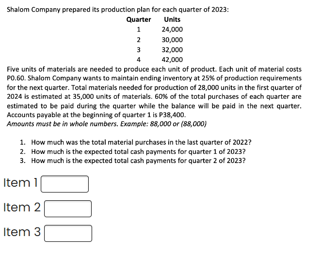 Shalom Company prepared its production plan for each quarter of 2023:
Quarter
Units
1
24,000
2
30,000
3
32,000
4
42,000
Five units of materials are needed to produce each unit of product. Each unit of material costs
PO.60. Shalom Company wants to maintain ending inventory at 25% of production requirements
for the next quarter. Total materials needed for production of 28,000 units in the first quarter of
2024 is estimated at 35,000 units of materials. 60% of the total purchases of each quarter are
estimated to be paid during the quarter while the balance will be paid in the next quarter.
Accounts payable at the beginning of quarter 1 is P38,400.
Amounts must be in whole numbers. Example: 88,000 or (88,000)
1. How much was the total material purchases in the last quarter of 2022?
2. How much is the expected total cash payments for quarter 1 of 2023?
3. How much is the expected total cash payments for quarter 2 of 2023?
Item 1
Item 2
Item 3
00