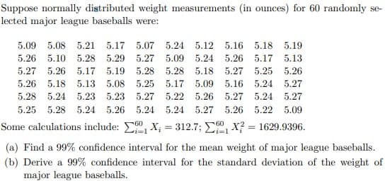 Suppose normally distributed weight measurements (in ounces) for 60 randomly se-
lected major league baseballs were:
5.09 5.08 5.21
5.17 5.07 5.24 5.12 5.16 5.18 5.19
5.26 5.10 5.28 5.29 5.27 5.09 5.24
5.26
5.17 5.13
5.27 5.26 5.17 5.19 5.28 5.28 5.18 5.27 5.25 5.26
5.26
5.18 5.13 5.08 5.25 5.17 5.09 5.16 5.24
5.27
5.28 5.24 5.23 5.23 5.27 5.22 5.26 5.27
5.24 5.27
5.25
5.28 5.24 5.26 5.24 5.24 5.27 5.26 5.22 5.09
Some calculations include: , X; = 312.7; , X? = 1629.9396.
(a) Find a 99% confidence interval for the mean weight of major league baseballs.
(b) Derive a 99% confidence interval for the standard deviation of the weight of
major league baseballs.
