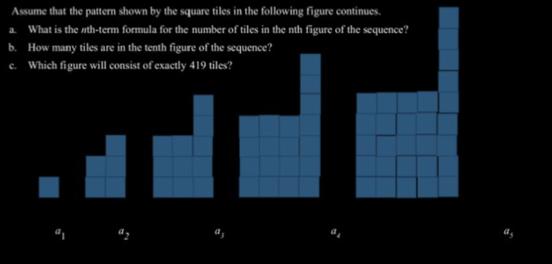 Assume that the pattern shown by the square tiles in the following figure continues.
a. What is the nth-term formula for the number of tiles in the nth figure of the sequence?
b. How many tiles are in the tenth figure of the sequence?
c. Which figure will consist of exactly 419 tiles?
