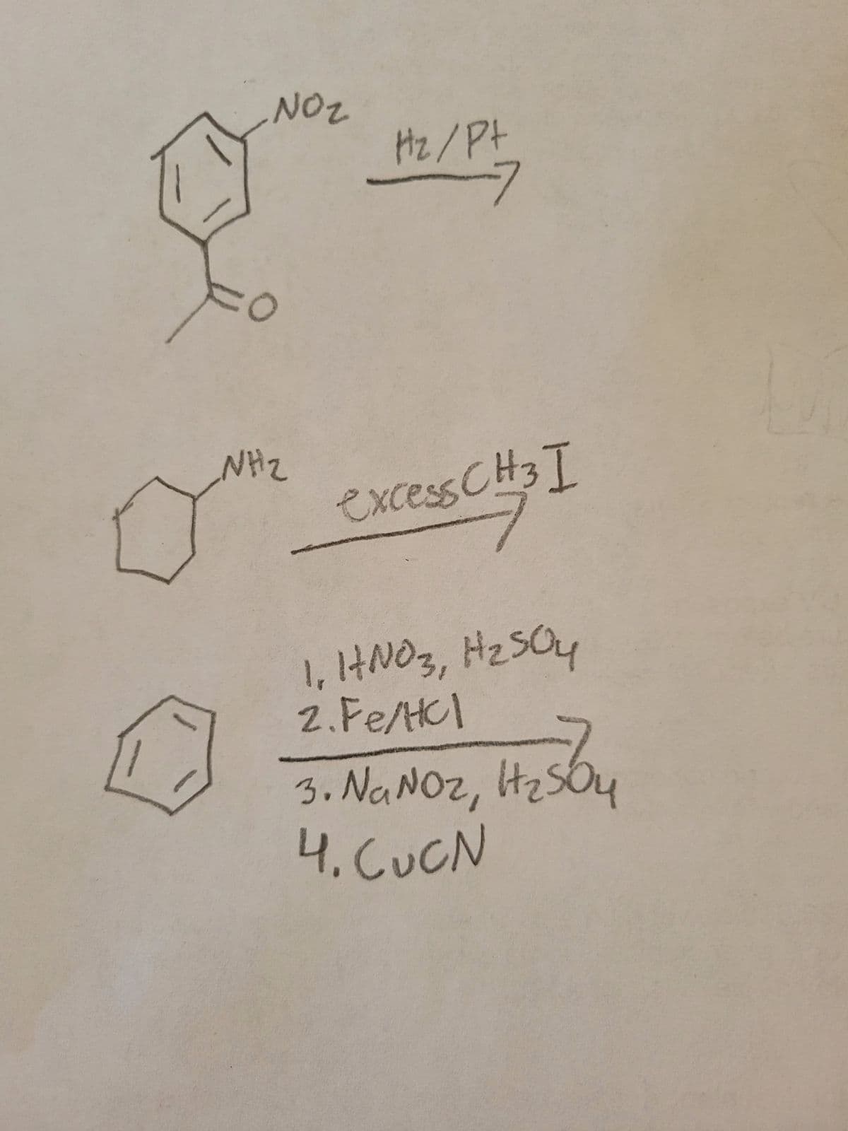 NO₂
NH₂
Hz/Pt
-7
excess CH 3 I
7
1, HNO3, H₂SO4
2. Fe/HC1
по
3. NaNO₂, H₂Soy
4. CUCN