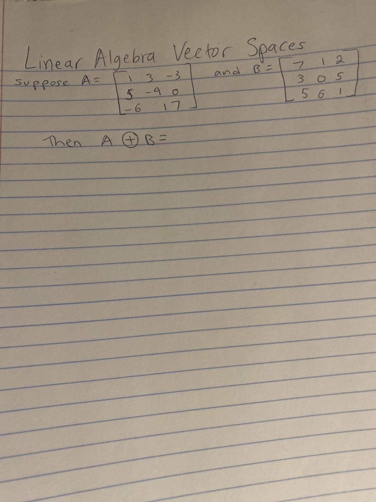 Linear Algebra Vector Spaces
Suppose A=
and B =
7
Then
1 3
-3
5 -40
-6 17
+B=
305
5 6 1