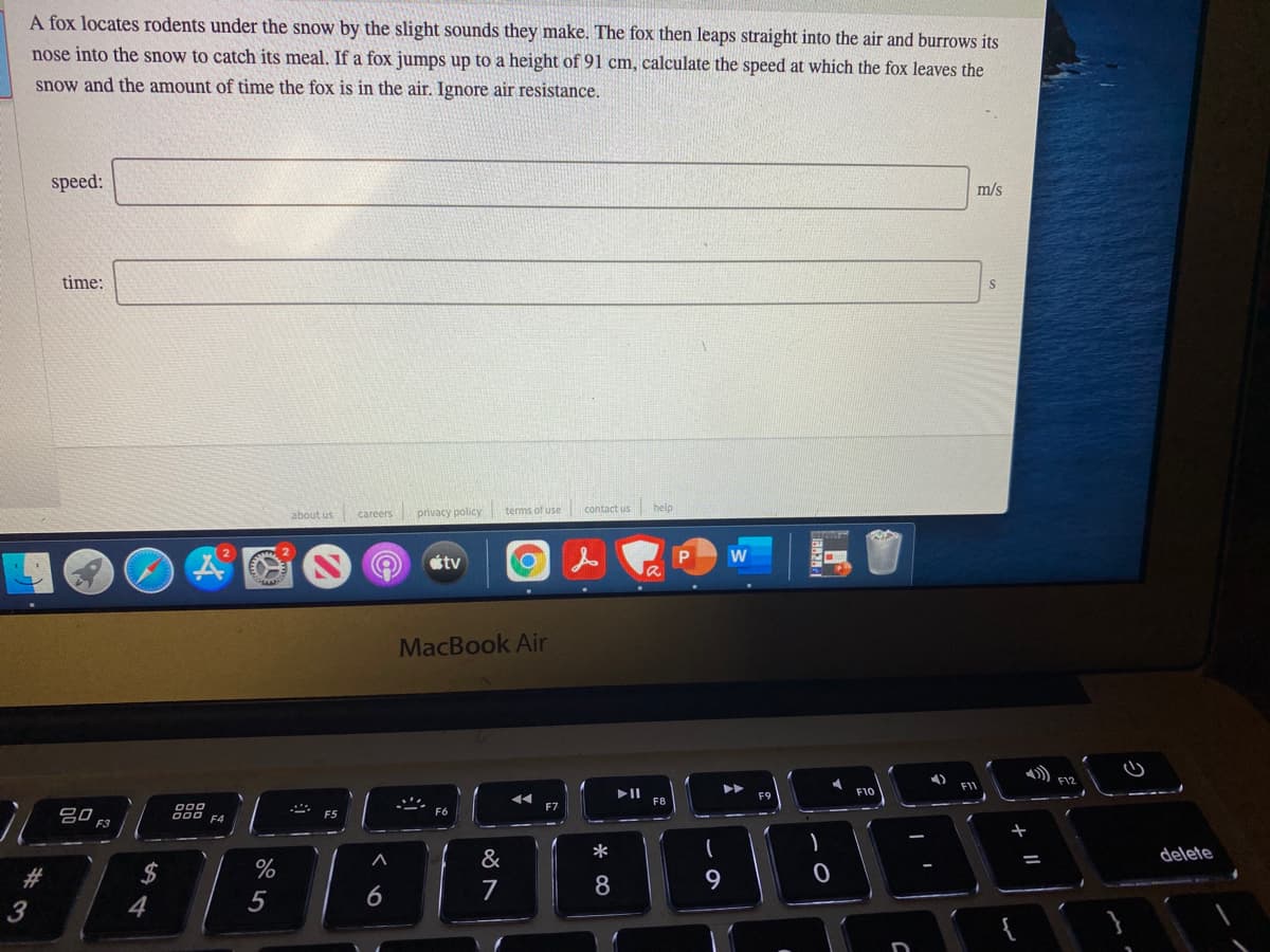 A fox locates rodents under the snow by the slight sounds they make. The fox then leaps straight into the air and burrows its
nose into the snow to catch its meal. If a fox jumps up to a height of 91 cm, calculate the speed at which the fox leaves the
snow and the amount of time the fox is in the air. Ignore air resistance.
speed:
m/s
time:
S.
contact us
help
about us
careers
privacy policy
terms of use
ottv
MacBook Air
F11
F10
F9
F8
000
F7
吕0
F5
F6
E3
&
*
一
delete
23
$
9.
6
4
* c0
