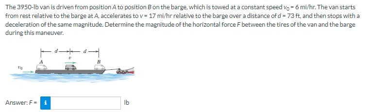 The 3950-lb van is driven from position A to position B on the barge, which is towed at a constant speed vo= 6 mi/hr. The van starts
from rest relative to the barge at A, accelerates to v= 17 mi/hr relative to the barge over a distance of d = 73 ft, and then stops with a
deceleration of the same magnitude. Determine the magnitude of the horizontal force F between the tires of the van and the barge
during this maneuver.
Answer: F= i
+
B
lb