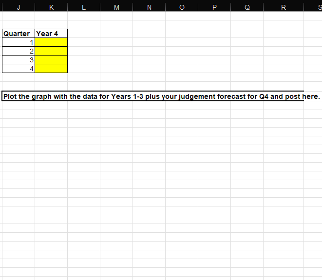 K
M
N
P
Quarter Year 4
1
2
3
D
R
S
Plot the graph with the data for Years 1-3 plus your judgement forecast for Q4 and post here.