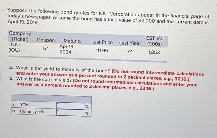 Suppose the following bond quotes for IOU Corporation appear in the financial page of
today's newspaper. Assume the bond has a face value of $2,000 and the current date is
April 19, 2018.
Company
(Ticker)
IOU
(IOU)
Coupon
6.1
Maturity
Apr 19,
2034
a.
YTM
b. Current yield
Last Price Last Yield
111.95
??
a. What is the yield to maturity of the bond? (Do not round intermediate calculations
and enter your answer as a percent rounded to 2 decimal places, e.g., 32.16.)
b. What is the current yield? (Do not round intermediate calculations and enter your
answer as a percent rounded to 2 decimal places, e.g., 32.16.)
%
%
EST Vol
(000s)
1,853