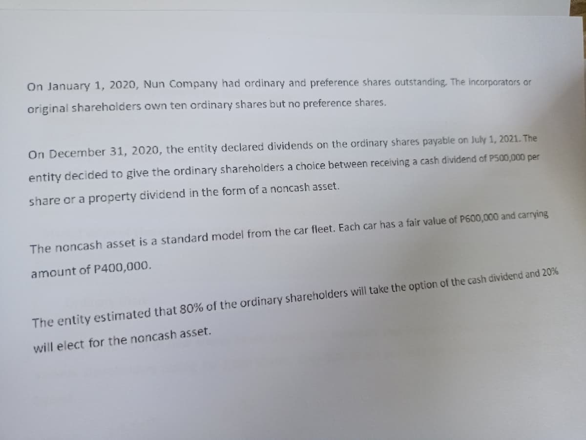 On January 1, 2020, Nun Company had ordinary and preference shares outstanding. The incorporators or
original shareholders own ten ordinary shares but no preference shares.
On December 31, 2020, the entity declared dividends on the ordinary shares payable on July 1, 2021. The
entity decided to give the ordinary shareholders a choice between receiving a cash dividend of P500,000 per
share or a property dividend in the form of a noncash asset.
The noncash asset is a standard model from the car fleet. Each car has a fair value of P600,000 and carrying
amount of P400,000.
The entity estimated that 80% of the ordinary shareholders will take the option of the cash dividend and 20%
will elect for the noncash asset.
