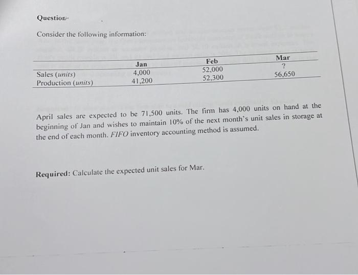 Question
Consider the following information:
Mar
Feb
52,000
52,300
Jan
Sales (units)
Production (units)
4,000
41,200
56,650
April sales are expected to be 71,500 units. The firm has 4,000 units on hand at the
beginning of Jan and wishes to maintain 10% of the next month's unit sales in storage at
the end of each month. FIFO inventory accounting method is assumed.
Required: Calculate the expected unit sales for Mar.
