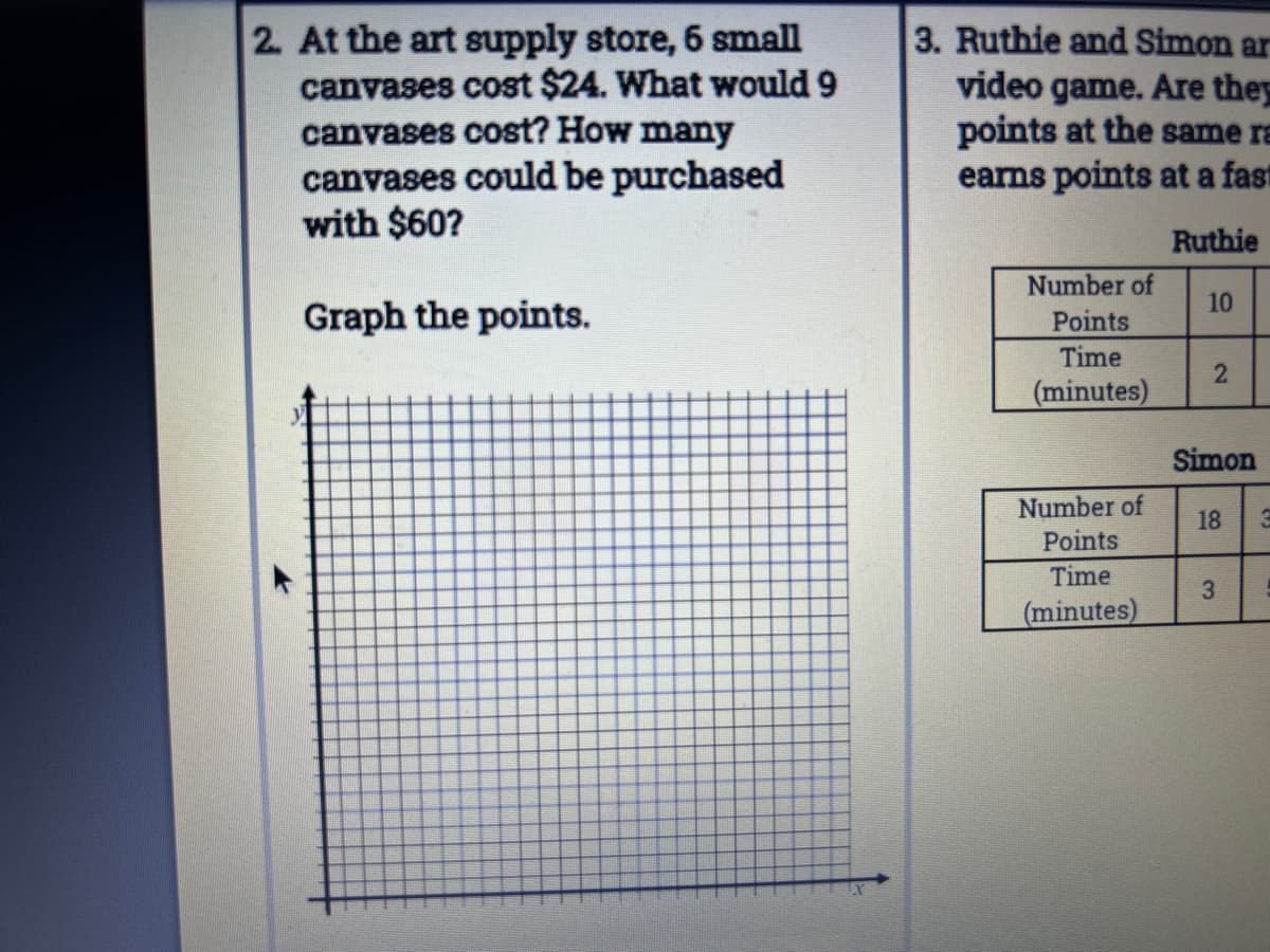 2. At the art supply store, 6 small
canvases cost $24. What would 9
canvases cost? How many
canvases could be purchased
with $60?
Graph the points.
3. Ruthie and Simon ar
video game. Are they
points at the same ra
earns points at a fast
Ruthie
Number of
Points
Time
(minutes)
Number of
Points
Time
(minutes)
10
2
Simon
18
3
23