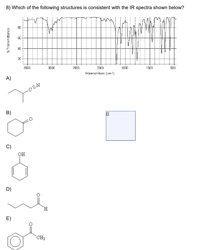 8) Which of the following structures is consistent with the IR spectra shown below?
% Transmittance
A)
B)
C)
D)
E)
80
60
40
20
3500
OH
-CEN
H
CH3
3000
2500
2000
Wavenumbers (cm-1)
B
1500
F
BA
↓
1000
500