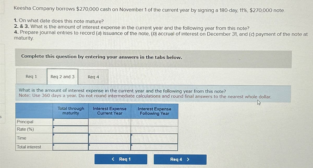 Keesha Company borrows $270,000 cash on November 1 of the current year by signing a 180-day, 11%, $270,000 note.
1. On what date does this note mature?
2. & 3. What is the amount of interest expense in the current year and the following year from this note?
4. Prepare journal entries to record (a) issuance of the note, (b) accrual of interest on December 31, and (c) payment of the note at
maturity.
Complete this question by entering your answers in the tabs below.
Req 1
Req 2 and 3
Principal
Rate (%)
Time
Total interest
What is the amount of interest expense in the current year and the following year from this note?
Note: Use 360 days a year. Do not round intermediate calculations and round final answers to the nearest whole dollar.
h
Req 4
Total through
maturity
Interest Expense
Current Year
< Req 1
Interest Expense
Following Year
Req 4 >