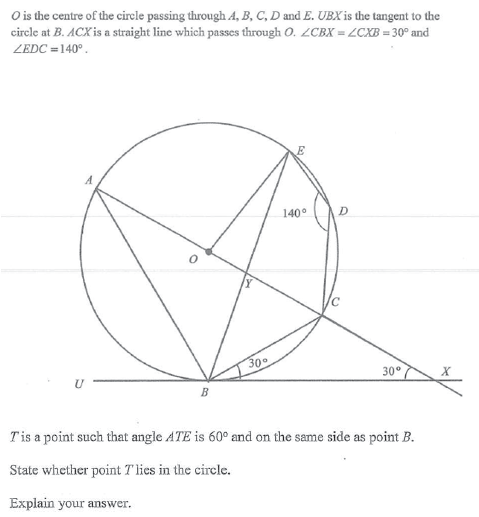 O is the centre of the circle passing through A, B, C, D and E. UBX is the tangent to the
circle at B. ACX is a straight line which passes through O. ZCBX = ZCXB = 30° and
ZEDC = 140°.
140°
D.
300
30°
X
Tis a point such that angle ATE is 60° and on the same side as point B.
State whether point Tlies in the circle.
Explain your answer.
