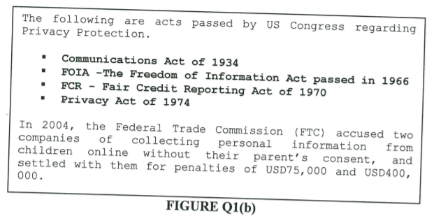 The following are
Privacy Protection.
acts passed by US Congress regarding
Communications Act of 1934
FOIA -The Freedom of Information Act passed in 1966
• FCR - Fair Credit Reporting Act of 1970
Privacy Act of 1974
In 2004, the Federal Trade Commission (FTC) accused two
companies
children online without their parent's consent,
settled with them for penalties of USD75,000 and USD400,
000.
of
collecting
personal
information
from
and
FIGURE Q1(b)
