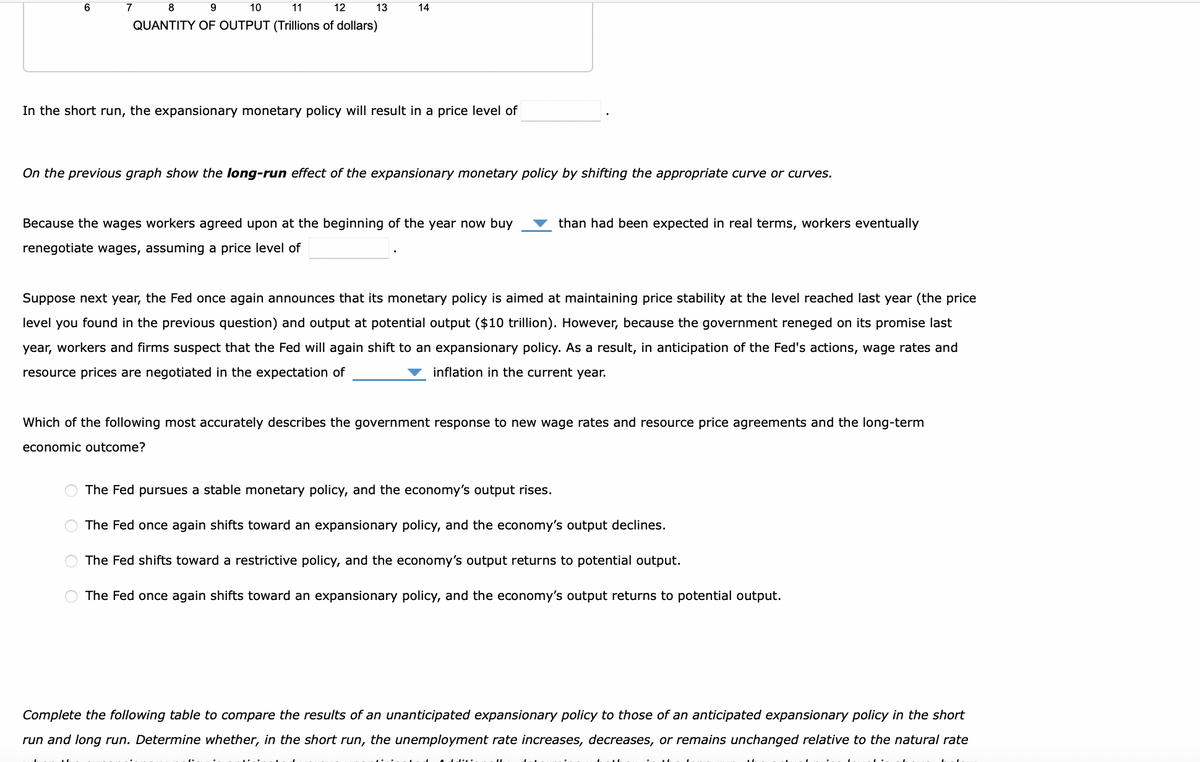 6
8 9
10
11
12
QUANTITY OF OUTPUT (Trillions of dollars)
7
13
In the short run, the expansionary monetary policy will result in a price level of
O
14
On the previous graph show the long-run effect of the expansionary monetary policy by shifting the appropriate curve or curves.
O
Because the wages workers agreed upon at the beginning of the year now buy
renegotiate wages, assuming a price level of
Suppose next year, the Fed once again announces that its monetary policy is aimed at maintaining price stability at the level reached last year (the price
level you found in the previous question) and output at potential output ($10 trillion). However, because the government reneged on its promise last
year, workers and firms suspect that the Fed will again shift to an expansionary policy. As a result, in anticipation of the Fed's actions, wage rates and
resource prices are negotiated in the expectation of
inflation in the current year.
than had been expected in real terms, workers eventually
Which of the following most accurately describes the government response to new wage rates and resource price agreements and the long-term
economic outcome?
The Fed pursues a stable monetary policy, and the economy's output rises.
The Fed once again shifts toward an expansionary policy, and the economy's output declines.
The Fed shifts toward a restrictive policy, and the economy's output returns to potential output.
The Fed once again shifts toward an expansionary policy, and the economy's output returns to potential output.
Complete the following table to compare the results of an unanticipated expansionary policy to those of an anticipated expansionary policy in the short
run and long run. Determine whether, in the short run, the unemployment rate increases, decreases, or remains unchanged relative to the natural rate