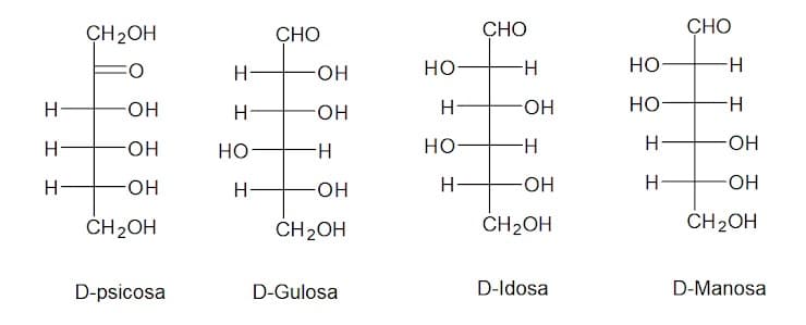 CH2OH
CHO
CHO
CHO
H-
HO-
HO
H-
но-
H.
H-
HO-
H
HO-
HO-
Но-
H.
H-
HO-
но-
H-
но-
H-
H-
HO-
H
HO-
H-
-HO-
H
HO-
H-
HO-
CH2OH
CH2OH
CH2OH
CH2OH
D-psicosa
D-Gulosa
D-Idosa
D-Manosa
