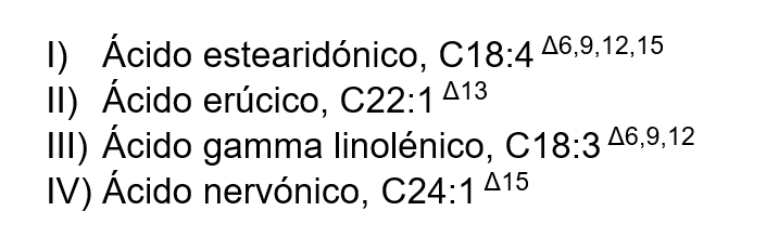 I) Acido estearidónico, C18:4 46,9,12,15
II) Ácido erúcico, C22:1 413
III) Acido gamma linolénico, C18:3 46,9,12
IV) Ácido nervónico, C24:1 415
