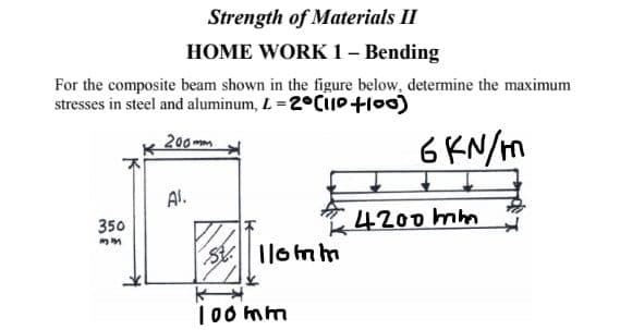 Strength of Materials II
HOME WORK 1– Bending
For the composite beam shown in the figure below, determine the maximum
stresses in steel and aluminum, L = 2°C10+100)
200 mm
6 KN/m
Al.
350
4200 mbm
Ilomm
|00 mm
