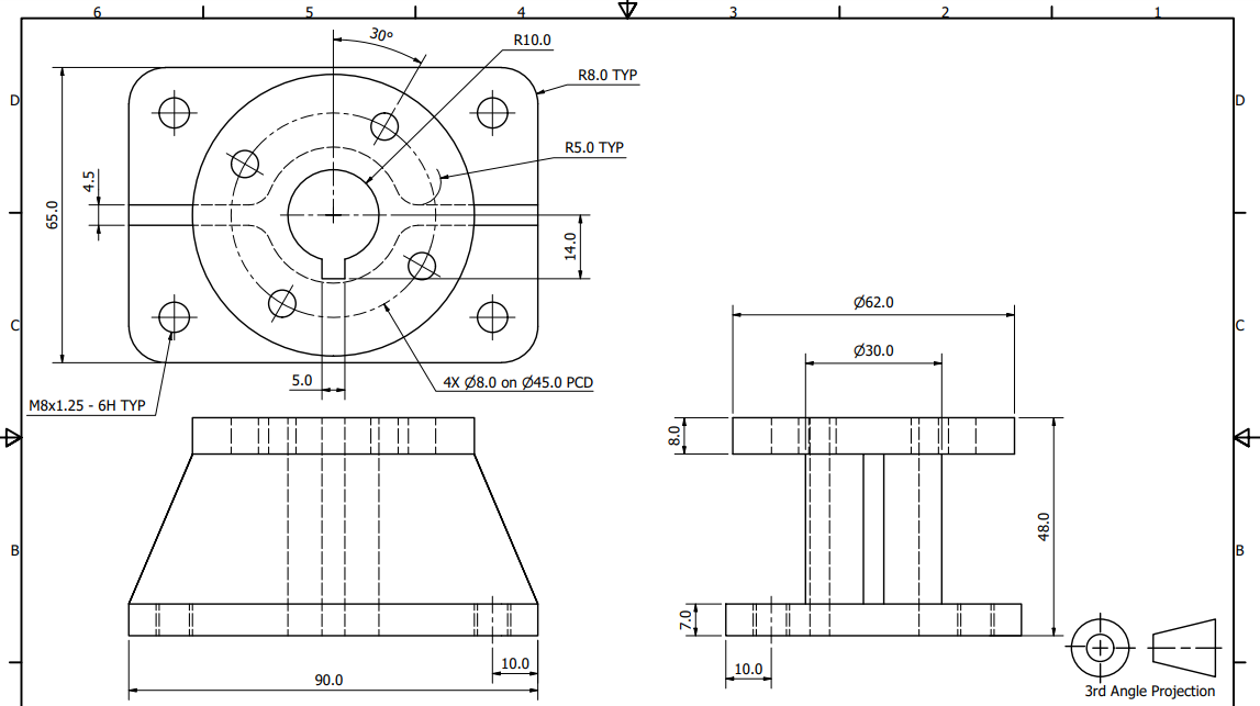 D
Đ
B
++4.5
M8x1.25 - 6H TYP
Ø
Ø
5.0
90.0
30⁰
Q
e
e
4
R10.0
R8.0 TYP
10.0
R5.0 TYP
4X Ø8.0 on Ø45.0 PCD
food
10.0
Ø62.0
Ø30.0
3rd Angle Projection
D
K
B