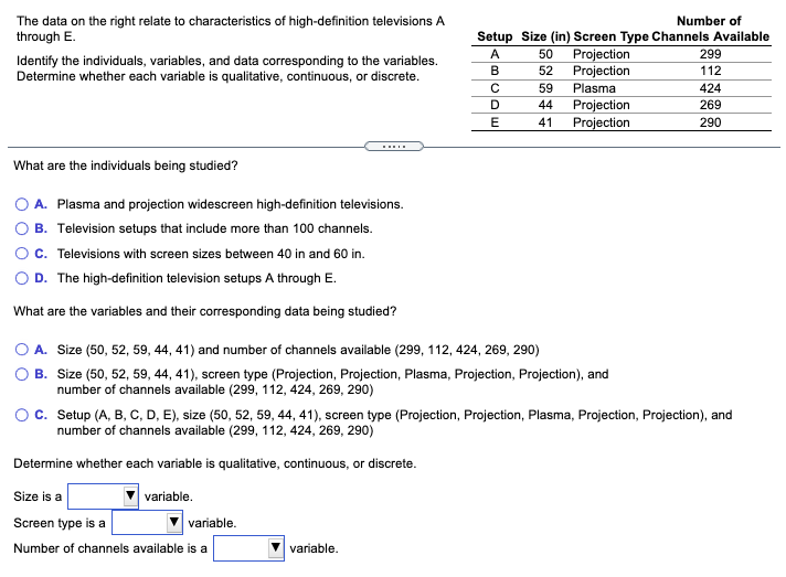 The data on the right relate to characteristics of high-definition televisions A
through E.
Number of
Setup Size (in) Screen Type Channels Available
Projection
Projection
A
50
299
Identify the individuals, variables, and data corresponding to the variables.
Determine whether each variable is qualitative, continuous, or discrete.
В
52
112
59
Plasma
424
Projection
Projection
D
44
269
E
41
290
What are the individuals being studied?
O A. Plasma and projection widescreen high-definition televisions.
B. Television setups that include more than 100 channels.
C. Televisions with screen sizes between 40 in and 60 in.
O D. The high-definition television setups A through E.
What are the variables and their corresponding data being studied?
O A. Size (50, 52, 59, 44, 41) and number of channels available (299, 112, 424, 269, 290)
B. Size (50, 52, 59, 44, 41), screen type (Projection, Projection, Plasma, Projection, Projection), and
number of channels available (299, 112, 424, 269, 290)
c. Setup (A, B, C, D, E), size (50, 52, 59, 44, 41), screen type (Projection, Projection, Plasma, Projection, Projection), and
number of channels available (299, 112, 424, 269, 290)
Determine whether each variable is qualitative, continuous, or discrete.
Size is a
variable.
Screen type is a
variable.
Number of channels available is a
variable.
